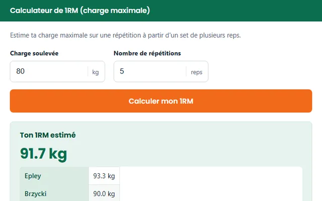 Calculateur de 1RM (charge maximale) : charge soulevée, nombre de répétitions et exemple de résultat