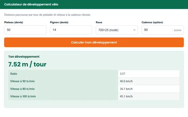 Calculateur de développement vélo (braquet) : plateau, pignon, roue et exemple de résultat