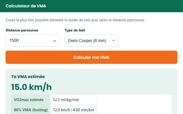 Calculateur de VMA : distance parcourue, type de test et exemple de résultat