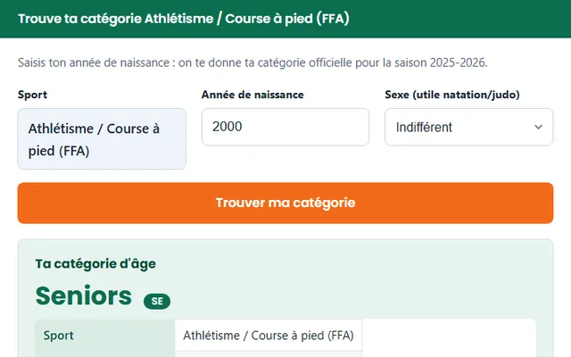 Calculateur de catégorie d’âge FFA : sport, année de naissance, sexe et exemple de résultat