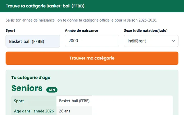 Calculateur de catégorie d’âge FFBB : sport, année de naissance, sexe et exemple de résultat
