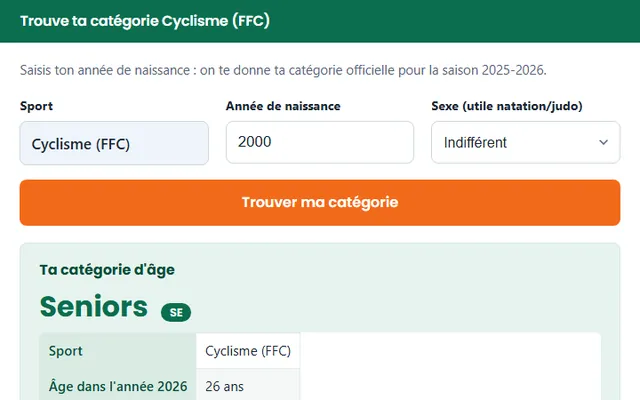 Calculateur de catégorie d’âge FFC : sport, année de naissance, sexe et exemple de résultat
