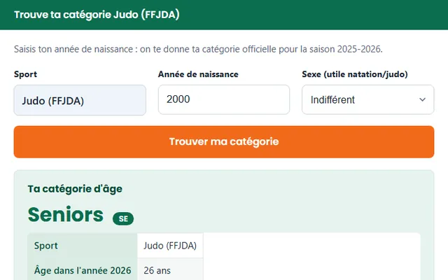 Calculateur de catégorie d’âge FFJDA : sport, année de naissance, sexe et exemple de résultat