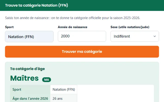 Calculateur de catégorie d’âge FFN : sport, année de naissance, sexe et exemple de résultat