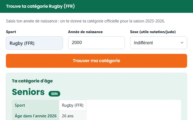 Calculateur de catégorie d’âge FFR : sport, année de naissance, sexe et exemple de résultat