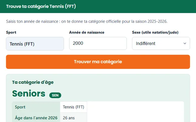 Calculateur de catégorie d’âge FFT : sport, année de naissance, sexe et exemple de résultat