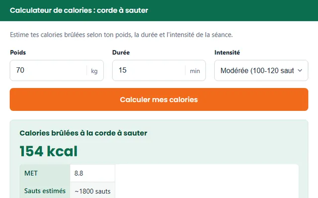 Calculateur de calories corde à sauter : poids, durée, intensité et exemple de résultat