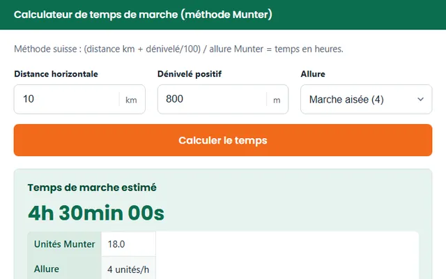 Calculateur de temps de marche (Munter) : distance horizontale, dénivelé positif, allure et exemple de résultat