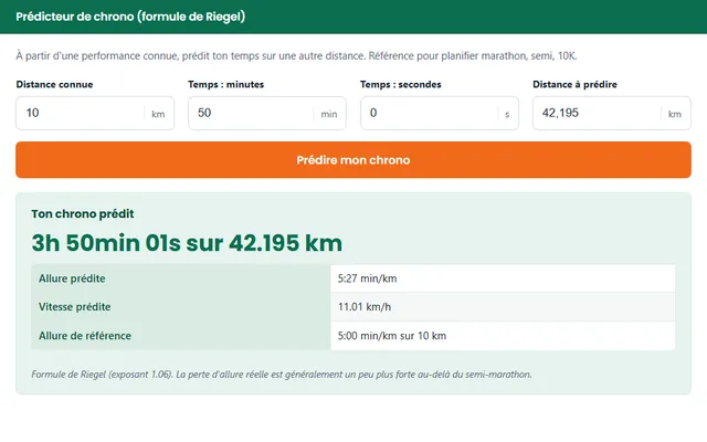Prédicteur de chrono : distance connue, temps, distance à prédire et exemple de résultat