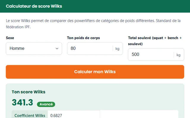 Calculateur de score Wilks : sexe, poids de corps, total soulevé et exemple de résultat