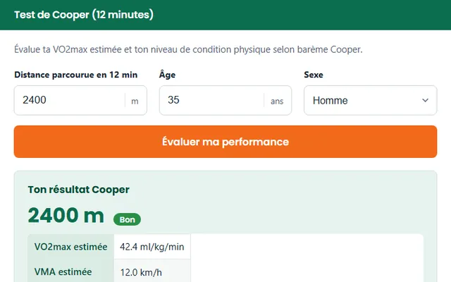 Test de Cooper (12 minutes) : distance parcourue en 12 min, âge, sexe et exemple de résultat