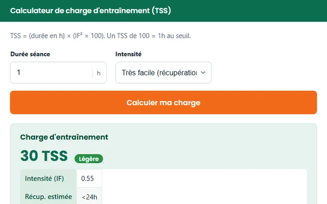 Calculateur de charge d’entraînement TSS : durée séance, intensité et exemple de résultat