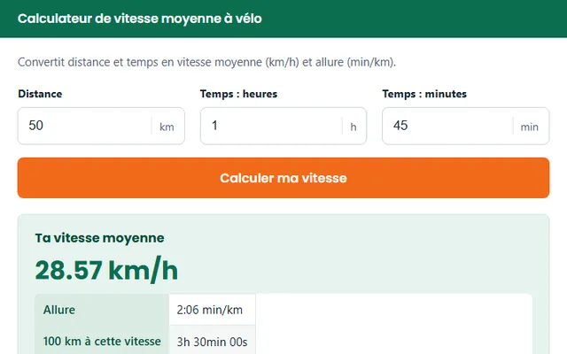 Calculateur de vitesse moyenne à vélo : distance, temps et exemple de résultat