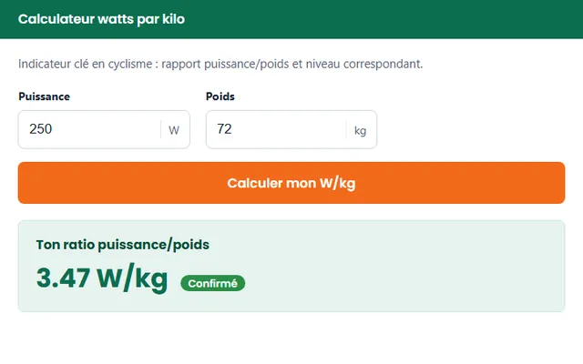 Calculateur watts par kilo (W/kg) : puissance, poids et exemple de résultat